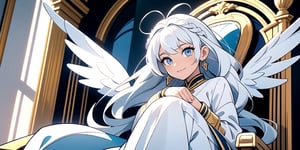 vibrant colors, female, masterpiece, sharp focus, best quality, depth of field, cinematic lighting, ((solo, one woman )), (illustration, 8k CG, extremely detailed), masterpiece, ultra-detailed,
1angel, (white hair), long curly hair, blue eyes, (two blue ribbons on her hair), (Double golden halo on her head), angel wings, White shirt, sweater, cute outfit, Sitting on a huge throne, best smile, cute face, perfect light,1girl white hair blue eyes x hair ornament,masterpiece,