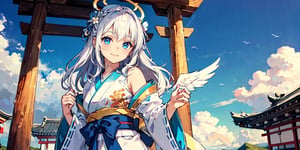  (Best Picture Quality, High Quality, Best Picture Score: 1.3), , Perfect Beauty Score: 1.5, long hair, 1 angel girl, (solo), ((white hair)), (long curly hair), blue eyes, ((two blue ribbons on her hair)), (Double golden halo on her head), (angel wings), (cute outfit), cute smile, (Wearing cute kimono), The background is a Japanese New Year shrine, beautiful, cute, masterpiece, best quality,