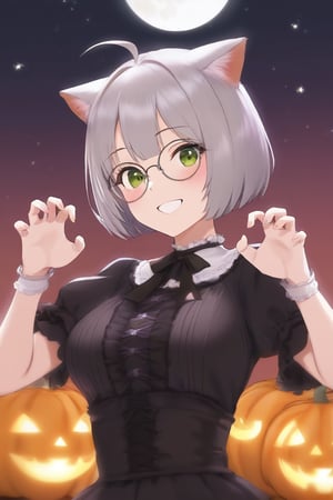 1girl, (gray hair), green eyes, ahoge, (striking bob cut and intense), (black round frame glasses:1.2), Gothic lolita style dress, cat ears, , (claw pose), bats, cobweb, pumpkin lantern, moon, blush, (simple halloween background), (eyes highlight), standing, ((upper body)), very beautiful girl, smiling, happy, himecut hairstyle, masterpiece quality, stunning image, masterpiece, 8K, stunning image, light particles, attractive image, reflections,  \medium\,Beautiful eyes,