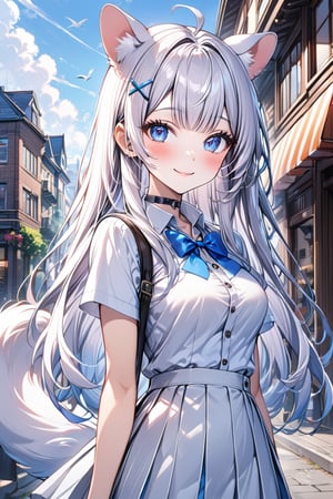 1girl, stoat girl, solo,  ((white hair)), very long hair, blue eyes, (straight hair), (bangs), animal ears, (stoat ears:1.2),
 Choker, ahoge, yaeba, (big white stoat Tail:1.2), (blue X hairpin), solo, long hair, breasts, looking at viewer, blush, smile, bangs, blue eyes, skirt, shirt,  bow, medium breasts, closed mouth, school uniform, standing, white shirt, short sleeves, cowboy shot, pleated skirt,  outdoors, sky, day, collared shirt, cloud, bowtie, bag, buttons, blue bow, white skirt, building, blue bowtie