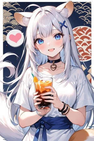 Masterpiece, 1 cute girl,1girl, stoat girl, solo,  ((white hair)), very long hair, blue eyes, (straight hair), (bangs), animal ears, (stoat ears:1.2),
 Choker, ahoge, yaeba, (big white stoat Tail:1.2), (blue X hairpin), solo, looking at viewer, long hair, bangs, smiling, simple background, heart \(symbol\), star (symbol\),  shirt,  holding with both hands, blue eyes, white shirt, upper body,  open lips, bracelet, cup, ring, cup held in hand, Japanese pattern background, cup, ice, straw, drink, glass, ice,ink paint