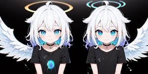 1girl, angel, two side up, two blue ribbons on her hair, (Double golden halo on her head), choker, ((angel wings)), (upper body:1.2), (simple black background:1.2), (computer matrix), (digital dissolve:1.4), (cyborg), pale skin, (long curly hair), ((white hair)), (hair gradient:1.5), (blue eyes:1.2), (looking at viewer), light smile, (black T-shirt, short sleeves:1.4), (masterpiece, best quality)