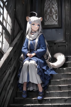 1girl, stoat girl, solo,  ((white hair)), very long hair, blue eyes, (straight hair), (bangs), animal ears, (stoat ears:1.2),
 Choker, ahoge, yaeba, (big white stoat Tail:1.2), (blue X hairpin), An animated image of a woman in a blue dress sitting on a set of stairs. The woman has long hair and blue eyes. She is wearing a white scarf around her neck. The stairs she is sitting on are made of gray wood. There is a window to the left of the woman. The wall behind the woman  has a design on it.