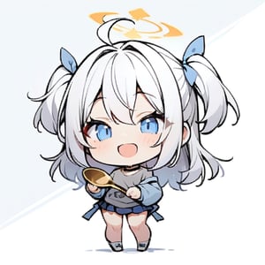  chibi, masterpiece, best quality,1girl, angel, (white hair), long curly hair, (two side up),blue eyes, (two blue ribbons on her hair), ((Double golden halo on her head)), choker, ((angel wings)), ahoge, full body, cute smile, best smile, open mouth, Wearing grey Hooded T-shirt, long sleeves, pleated skirt, (holding a huge spoon), ,masterpiece,simple background, ,