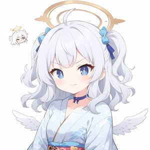 (chibi:1.3), masterpiece, made by a master, 4k, perfect anatomy, perfect details, best quality, high quality, lots of detail.
(solo), 1girl, angel, white hair, long curly hair, (two side up), blue eyes, (curly hair:1.2), (wavy hair), (hair curls), (bangs), (two side up), two blue hair ties on head, (Double golden halo on her head), bowtie choker, angel wings, ahoge, fang, (cute yukata, colorful yukata), smiling, single, (((>_<:1.4))), (upper body) ,Emote Chibi. cute comic,simple background, flat color, Cute girl,dal,Chibi Style,lineart,comic book,score_9,score_8_up,score_7_up,source_anime