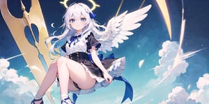  (Best Picture Quality, High Quality, Best Picture Score: 1.3), , Perfect Beauty Score: 1.5, long hair, 1 angel girl, (solo), ((white hair)), (long curly hair), blue eyes, ((two blue ribbons on her hair)), (Double golden halo on her head), (angel wings), (cute outfit), (full_body), beautiful, cute, masterpiece, best quality,perfect light,rei ayanami