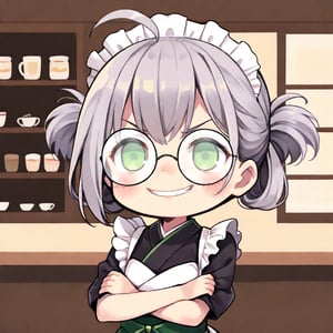 1girl, solo, (gray hair), green eyes, ahoge, (low-pigtail hairs:1.2), (black round frame glasses:1.2), (Arms Crossed), (Japanese Taisho maid costume:1.2), , blush, (In a Japanese cafe), (eyes highlight), standing, ((upper body)), very beautiful girl, crazy smiling, slightly angry, himecut hairstyle, solo, (chibi), (Focus on face), chibi style