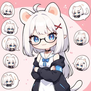 (chibi style), {{{masterpiece}}}, {{{best quality}}}, {{ultra-detailed}}, {beautiful detailed eyes},1girl, solo,  ((white hair)), very long hair, blue eyes, (straight hair), (bangs), animal ears, (stoat ears:1.2), Choker, ahoge, fangs, (big stoat Tail:1.2), (X hairpin), (White sleeveless collared dress, blue chest bow), (black hooded oversized jacket:1.2), (Off the shoulders), (glasses), (smug smile), ((with arms folded)), upper body,chibi emote style,chibi,emote,aesthetic, ,comic book,cute comic