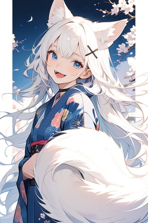  {{{masterpiece}}}, {{{best quality}}}, {{ultra-detailed}}, {beautiful detailed eyes},1girl, stoat girl, solo,  ((white hair)), very long hair, blue eyes, (straight hair), (bangs), animal ears, (stoat ears:1.2), Choker, ahoge, fangs, (big white fox Tail:1.2), (blue X hairpin), (cute yukata, colorful yukata), smiling, Beautiful eyes