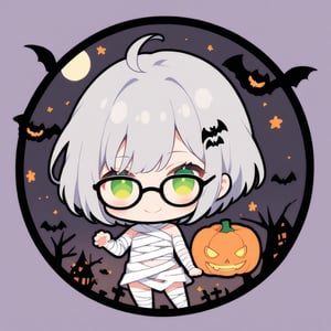 1girl, (gray hair), green eyes, ahoge, (striking bob cut and intense), (black round frame glasses:1.2), mummy dress up, Bandage outfit, Full body bandage, (claw pose), bats, cobweb, pumpkin lantern, moon, blush, (simple halloween background), (eyes highlight), standing, ((upper body)), very beautiful girl, smiling, happy, himecut hairstyle (eyes highlight), standing, solo, (chibi), (Focus on face), 