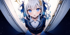 (masterpiece), full body:1.1, 1girl, (angel), white hair, long curly hair, two side up,blue eyes, two blue ribbons on her hair, (Double golden halo on her head), choker, ((angel wings)), solo, negative space, (starry sky background, standing), cinematic angle, side angle, from above:1, a girl in a school uniform, cute, black pleated skirt, blue blazer, blue bow in hair, ahoge, simple, facing viewer, manga illustration style, Trying to close the door, closing a door, a white wooden door, A mysterious door, Behind the door is a starry sky, bangs, staring blankly at the camera, surprised expression, open mouth, detailed blue eyes,