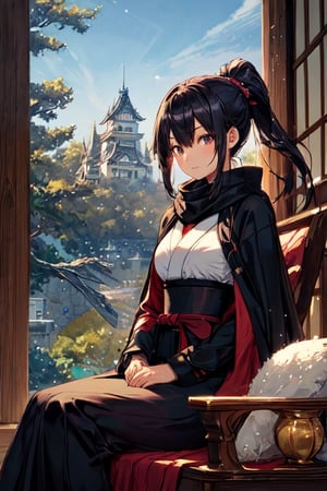 (((perfect pixels, perfect details))), alone, 1 girl, (Kunoichi) , l, , medium breasts, scarf cloak, shiny eyes, in an Japanese castle, sitting on a throne.