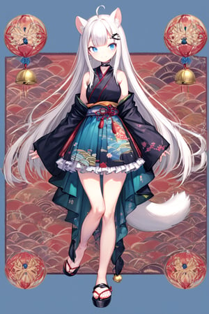 1 girl, stoat girl, solo,  ((white hair)), very long hair, blue eyes, (straight hair), (bangs), animal ears, (stoat ears:1.2),
 Choker, ahoge, yaeba, (big stoat Tail:1.2), (blue X hairpin), solo, simple background, Japanese pattern background, looking at viewer, bangs, smiling, blue eyes, frilly skirt, hair accessory, long sleeves, bare shoulders, mouth closed, standing, standing with one leg up, full body, sleeves removed, Japanese dress, sleeveless, black footwear, sleeves up to wrist, bell, sandals, Hanafuda cards,ink paint