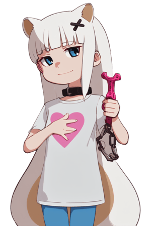 1girl, stoat girl, solo,  ((white hair)), very long hair, blue eyes, (straight hair), (bangs), animal ears, (stoat ears:1.2),
 Choker, ahoge, yaeba, (big white stoat Tail:1.2), (blue X hairpin), hold, holding pink heart, cartoon tshirt, white tshirt, square glasses, glasses, collar, collar with chain, hair covering one eye, looking at the camera, little smile