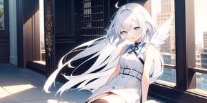 vibrant colors, female, masterpiece, sharp focus, best quality, depth of field, cinematic lighting, ((solo, one woman )), (illustration, 8k CG, extremely detailed), masterpiece, ultra-detailed,
1angel, (white hair), long curly hair, blue eyes, (two blue ribbons on her hair), (Double golden halo on her head), angel wings, sweater, cute outfit, sitting, against the wall, beside the street, open mouth, best smile, cute face, (full body),  perfect light,1girl white hair blue eyes x hair ornament,masterpiece,