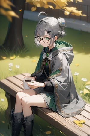 1girl, (gray hair), green eyes, short hair, ahoge, (black round frame glasses:1.2), (black star hairpin), dark green hooded cloak, Hood Down, dress, Short skirt, boots, ((Half Bun hair :1.2)), An animated girl with green eyes is sitting on a wooden bench. There is a small white cup of coffee on the bench in front of her. Behind her is a green lawn with small white flowers on it. A tree with yellow leaves is on the left side of the bench. Behind the tree is a wooden door with a black handle. Blurry background, detailed image, detailed skin, stunning image, 8k, proffesional style, luxurious room in background, ((masterpiece: 1.2)), light particles. Masterpiece, stunning image, professional style