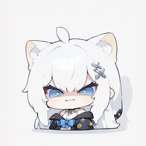 (chibi style), {{{masterpiece}}}, {{{best quality}}}, {{ultra-detailed}}, {beautiful detailed eyes},1girl, solo,  ((white hair)), very long hair, blue eyes, (straight hair), (bangs), animal ears, (stoat ears:1.2), Choker, ahoge, fangs, (big stoat Tail:1.2), (X hairpin), (White sleeveless collared dress, (Two-piece dress), (blue chest bow)), (black hooded oversized jacket:1.2), (Off the shoulders), ((shadow face:1.2)), (angry eyes), (closed mouth), upper body,chibi emote style,chibi,emote, cute,Emote Chibi,Line Chibi yellow,