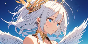 masterpiece, best quality, highres, kta1,1girl, angel, white hair, long curly hair, blue eyes, two blue ribbons on her hair, (Double golden halo on her head), angel wings, ponytail, detached sleeves, cleavage, jewelry, bare shoulders, medium breasts, tabi, japanese clothes, detached collar,perfect light,portrait