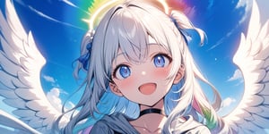 shiny, vibrant colors, female, masterpiece, sharp focus, best quality, depth of field, cinematic lighting, ((solo, one girl)), (illustration, 8k CG, extremely detailed), masterpiece, ultra-detailed, Anime-style illustration depicting a  sky scene. A sky after rain. ((rainbow)), daytime, outdoor, 1girl, angel, white hair, long curly hair, two side up,blue eyes, two blue ribbons on her hair, (Double golden halo on her head), choker, ((angel wings)),   Wearing grey Hooded T-shirt, is looking up at the sky with a surprised expression, cute smile.best smile, The perspective is from below, open mouth, shiny background,