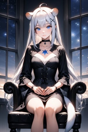 An animated image, 1girl, stoat girl, solo,  ((white hair)), very long hair, blue eyes, (straight hair), (bangs), animal ears, (stoat ears:1.2),
 Choker, ahoge, yaeba, (big white stoat Tail:1.2), (blue X hairpin), wearing a black strapless corset with a star on the chest. sitting on a black leather chair with her legs crossed. The chair is sitting in front of a window. There are two tables on either side of the woman with lamps on them, stunning image, digital art, professional style, ((masterpiece quality: 2)), starry night, close up, attractive image