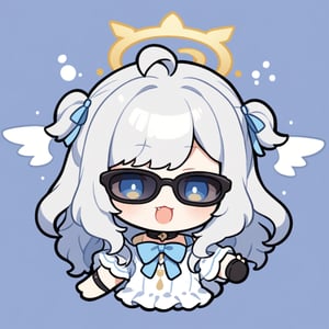 (chibi style), {{{masterpiece}}}, {{{best quality}}}, {{ultra-detailed}}, {beautiful detailed eyes}. 1girl, angel, white hair, long curly hair, (two side up), blue eyes,  (curly hair:1.2), (wavy hair), (hair curls), (bangs), (two side up), two blue hair ties on head, (Double golden halo on her head), bowtie choker, angel wings, ahoge, fang, (rapping), (black sunglasses), upper body,chibi emote style,chibi,emote, cute,Emote Chibi,anime,cute comic,