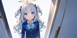 (masterpiece), full body:1.1, 1girl, 20 years old, angel, white hair, long curly hair, two side up,blue eyes, two blue ribbons on her hair, (Double golden halo on her head), choker, ((angel wings)), solo, negative space, (simple white background, standing), cinematic angle, side angle, from above:1, a girl in a school uniform, cute, black pleated skirt, blue blazer, blue bow in hair, ahoge, simple, facing viewer, manga illustration style, closing a door, a white wooden door, A mysterious door, bangs, staring blankly at the camera, surprised expression, open mouth, detailed blue eyes