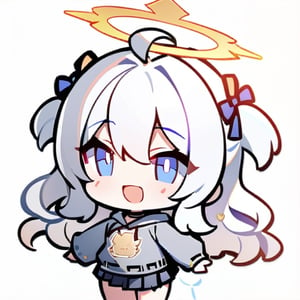  chibi, masterpiece, best quality,1girl, angel, (white hair), long curly hair, (two side up),blue eyes, (two blue ribbons on her hair), ((Double golden halo on her head)), choker, ((angel wings)), ahoge,cute smile, best smile, open mouth,Wearing grey Hooded T-shirt, long sleeves,pleated skirt,masterpiece,simple background