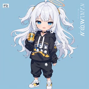 (chibi:1.3), masterpiece, made by a master, 4k, perfect anatomy, perfect details, best quality, high quality, lots of detail.
(solo),1girl, ((angel)), ((white hair)), (long hair:1.3), (two side up), blue eyes,  (curly hair:1.2), (wavy hair), (hair curls), (bangs), (two side up), two ((blue)) hair ties on head, (Double golden halo on her head), choker, ((angel wings)), ahoge, fang, (Gray long sleeve hooded top), Black long pants, white socks, single, looking at viewer, holding can of beer, (full body) ,Emote Chibi. cute comic,simple background, flat color, Cute girl,dal,Chibi Style,lineart,light,midjourney