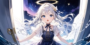 a cute girl reaching starry sky,aurora,The moonlight shines on the face,Mirror-like water,Mare's nest,Look up at the stars,masterpiece, best quality, aesthetic، in Daybreak Purple sky The appearance of a sun streak, 1girl, angel, white hair, long curly hair, two side up,blue eyes, two blue ribbons on her hair, (Double golden halo on her head), choker, angel wings, wearing a blue dress, detail blue eyes, surprise, open mouth, a door, ,Beautiful Eyes,more detail XL