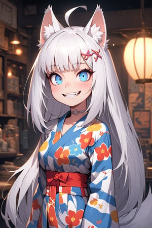  {{{masterpiece}}}, {{{best quality}}}, {{ultra-detailed}}, {beautiful detailed eyes},1girl, stoat girl, solo,  ((white hair)), very long hair, blue eyes, (straight hair), (bangs), animal ears, (stoat ears:1.2), Choker, ahoge, fangs, (big white fox Tail:1.2), (blue X hairpin), (cute yukata, colorful yukata), smiling, Beautiful eyes,