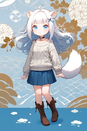 Simple background, Japanese pattern background, ((A chibi girl)), 1girl, stoat girl, solo,  ((white hair)), very long hair, blue eyes, (straight hair), (bangs), animal ears, (stoat ears:1.2),
 Choker, ahoge, yaeba, (big white stoat Tail:1.2), (blue X hairpin), in a wool sweater and corduroy skirt, leather boots, warming herself against a chilly breeze in Autumn