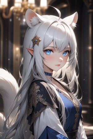 1girl, stoat girl, solo,  ((white hair)), very long hair, blue eyes, (straight hair), (bangs), animal ears, (stoat ears:1.2),
 Choker, ahoge, yaeba, (big white stoat Tail:1.2), (blue X hairpin), Beautiful girl. She is very badass, she wears a very luxurious outfit, pretty detailed, shining skin, detailed skin, dynamic light, wallpaper quality, detailed eyes, shining, blue eyes, blurry background, detailed image, detailed skin, upper body, looking at viewer, stunning image, 8k, proffesional style, luxurious room in background. Water drop, ((masterpiece: 1.2)), light particles, ink droplets in background.,Masterpiece,Stunning image,Professional style