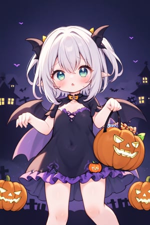 a cute bat girl, solo, Trick or Trick, halloween, naughty child, ZanyEyesStyle, cute bat background, night, cuteloliface