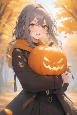 1girl, (gray hair), green eyes, medium hair, (double braid), ahoge, (black round frame glasses:1.2), (black star hairpin), (autumn clothing), (Dark coat), Sleeveless top, Short skirt, Off-shoulder, (happy), Emotionally excited, (On the streets in autumn), (eyes highlight), standing, ((upper body)), very beautiful girl, eyes wide open, Open mouth wide, sweat, slightly angry, himecut hairstyle, masterpiece quality, stunning image, masterpiece, 8K, stunning image, light particles, attractive image, reflections, Dutch Angle Shot,Beautiful eyes,