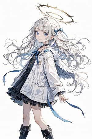 1girl, angel, white hair, long curly hair, two side up, Bangs, blue eyes, two blue ribbons on her hair, (Double golden halo on her head), choker, angel wings, blue choker, black footwear, blue background, boots, full body, jacket, looking back, open clothes, open jacket, simple background, smile, solo, standing, very long hair, masterpiece, best quality, aesthetic, realistic, 