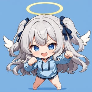 chibi, sd, masterpiece, made by a master, 4k, perfect anatomy, perfect details, best quality, high quality, lots of detail.
(solo),1girl, ((angel)), (white hair), long curly hair, (two side up), blue eyes,  (curly hair:1.2), (wavy hair), (hair curls), (bangs), (two side up), two ((blue)) hair ties on head, (Double golden halo on her head), choker, ((angel wings)), ahoge,one eye closed, Gray hooded long sleeve T-shirt,  Short pants, punching, single, looking at viewer, smiling, fang, happy, slightly angry, chibi, Emote Chibi. simple background, Line,cute comic,simple background, flat color,chibi,Cute girl,dal,Emote Chibi,chibi style,Chibi Style,lineart,