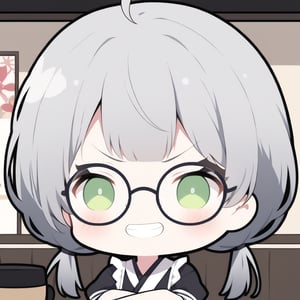 1girl, solo, (gray hair), green eyes, ahoge, (low-pigtail hairs:1.2), (black round frame glasses:1.2), (Arms Crossed), (Japanese Taisho maid costume:1.2), , blush, (In a Japanese cafe), (eyes highlight), standing, ((upper body)), very beautiful girl, crazy smiling, slightly angry, himecut hairstyle, solo, (chibi), (Focus on face), chibi style