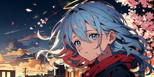 full body,Blood Mist, background_Urban rooftop,1girl, angel, with sliver long curly hair, blue eyes, two blue ribbons on her hair, (Double golden halo on her head), angel wings, despair,blood sakura,((masterpiece)), (((best quality))), ((ultra-detailed)), ((illustration)), ((disheveled hair)),Blood Cherry Blossom,torn clothes,tearing with eyes open,solo,Blood Rain,bandages,Gunpowder smoke,beautiful deatailed shadow, Splashing blood,dust,tyndall effect,portrait,