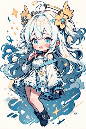1girl, angel, white hair, long curly hair, (two side up), blue eyes,  (curly hair:1.2), (wavy hair), (hair curls)
, (bangs), (two side up), two blue hair ties on head, (Double golden halo on her head), choker, angel wings, ahoge, fang,solo,,white background,falling down,floating,in air,floating hair,Bubbles, refracted sunlight, light spots, sadness, lowered head,/shelly/
