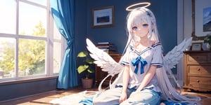  (Best Picture Quality, High Quality, Best Picture Score: 1.3), , Perfect Beauty Score: 1.5, long hair, 1 angel girl, (solo), ((white hair)), (long curly hair), blue eyes, ((two blue ribbons on her hair)), (Double golden halo on her head), (angel wings), (cute outfit), Wearing a T-shirt and pajamas trousers, Sitting on the floor in a room with no lights on, sad expression, beautiful, cute,masterpiece, best quality,