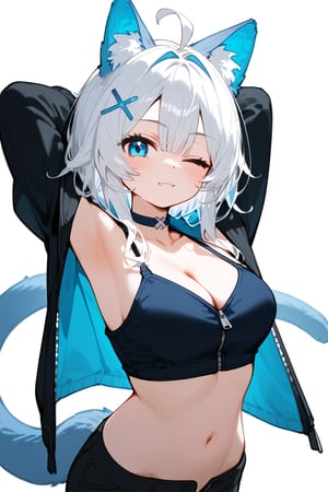 1girl, stoat girl, solo,  ((white hair)), very long hair, blue eyes, (straight hair), (bangs), animal ears, (stoat ears:1.2),
 Choker, ahoge, fangs, (big stoat Tail:1.2), (blue X hairpin), (White collared sleeveless top, (midriff), blue chest bow), 
(black hooded oversized jacket:1.2), (jacket zipper half unzipped), (black short pants) (Off the shoulders),, solo, breasts, looking at viewer, blush, bangs, simple background, hair ornament, white background, navel, cleavage, medium breasts, collarbone, jacket, upper body, multicolored hair, one eye closed, midriff, virtual youtuber, hood, medium hair, armpits, arms up, camisole, cropped torso, colored inner hair, stretching, black camisole, vivid color, masterpiece, best quality, amazing quality, very aesthetic, absurdres, depth of field, score_9, score_8, score_7, score_6,sexy girl,1girl