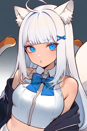 animal ear fluff, animal ears, 1girl, solo,  ((white hair)), very long hair, blue eyes, (straight hair), (bangs), animal ears, (stoat ears:1.2), Choker, ahoge, fangs, (big stoat Tail:1.2), (blue X hairpin), (White sleeveless collared dress, (midriff), blue chest bow), (black hooded oversized jacket:1.2), (jacket zipper half unzipped), (Off the shoulders), candy, food print, highres, holding, multiple girls, multiple tails,,tail,txznmec