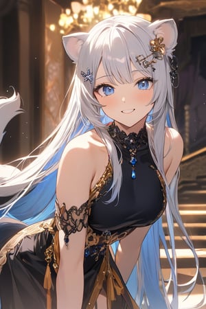 1girl, stoat girl, solo,  ((white hair)), very long hair, blue eyes, (straight hair), (bangs), animal ears, (stoat ears:1.2),
 Choker, ahoge, yaeba, (big white stoat Tail:1.2), (blue X hairpin), Pretty and badass woman, upper body, hand up, greeting, playful girl, hand fitting the hair. She wears a very elegant kimono. She is a very elegant, walking pose, impressive image, stunning image, masterpiece, light particles, blurry background, lovely woman, fascinating aesthetics. Hyperdetailing masterpiece, hyperdetailing skin, masterpiece quality, with 8k resolution. Kind smile. She's in a elegant luxurious palace. straight hair, hime_cut, long hair; fashionable outfit, sakura hairpin. leaning forward. It's nightime. elegant aura. cute smile