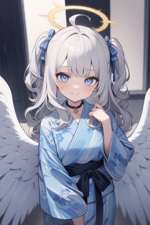  {{{masterpiece}}}, {{{best quality}}}, {{ultra-detailed}}, {beautiful detailed eyes}, 1girl, solo, angel, white hair, long curly hair, (two side up), blue eyes,  (curly hair:1.2), (wavy hair), (hair curls), (bangs), (two side up), two blue hair ties on head, (Double golden halo on her head), choker, angel wings, ahoge, fang,, (cute yukata, colorful yukata), smiling, Beautiful eyes,