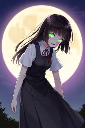 A creepy zombie girl under the full moon admiring the moon, Huge Moon, glowing moon, Japanese anime style