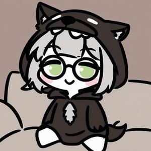 1girl, (gray hair), green eyes, (short hair), (Flat bangs), (black round frame glasses:1.2), (wolf ear headdress), (Wearing werewolf costume:1.2), (happy), (indoor), (eyes highlight), very beautiful girl, very cute face, (Medium chest), proud expression, :), sitting on sofa, cute pose, headtilt, solo, (chibi),((Chibi character)), chibi style, flat-color-style