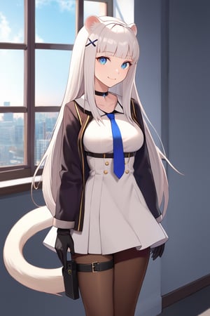 1girl, stoat girl, solo,  ((white hair)), very long hair, blue eyes, (straight hair), (bangs), animal ears, (stoat ears:1.2),
 Choker, ahoge, yaeba, (big white stoat Tail:1.2), (blue X hairpin), solo, long hair, breasts, looking at viewer, smile, bangs, blue eyes, skirt, gloves, long sleeves, dress, medium breasts, very long hair, closed mouth, standing, jacket, white hair, pantyhose, cowboy shot, hairband, necktie, black gloves, indoors, white dress, window, thigh strap, brown pantyhose, blue necktie, holster, thigh holster