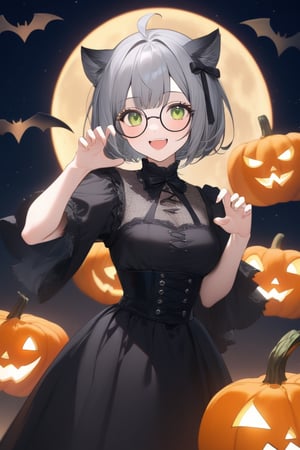 1girl, (gray hair), green eyes, ahoge, (striking bob cut and intense), (black round frame glasses:1.2), Gothic lolita style dress, cat ears, , (claw pose), bats, cobweb, pumpkin lantern, moon, blush, (simple halloween background), (eyes highlight), standing, ((upper body)), very beautiful girl, smiling, happy, himecut hairstyle, masterpiece quality, stunning image, masterpiece, 8K, stunning image, light particles, attractive image, reflections,  \medium\,Beautiful eyes,