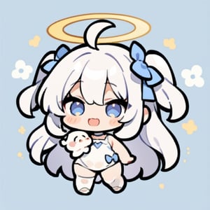  chibi, masterpiece, best quality, solo, 1girl, angel, white hair, long curly hair, (two side up), blue eyes, two blue bows on head, (Double golden halo on her head), choker, angel wings on back, ahoge, full body, cute smile, best smile, open mouth, Wearing blue and white dress, short pants, (Holding a huge stand sign), simple background,masterpiece,Chibi anime,doodle,cute comic,