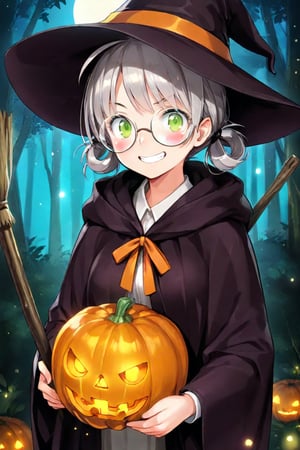 1girl, solo, (gray hair), green eyes, ahoge, (low-pigtail hairs:1.2), (black round frame glasses:1.2), (Witch hat), (Witch cloak), (Holding a broom), cobweb, pumpkin lantern, moon, blush, (In the forest at night), (eyes highlight), standing, ((upper body)), very beautiful girl, crazy smiling, slightly angry, himecut hairstyle, masterpiece quality, stunning image, masterpiece, 8K, stunning image, light particles, attractive image, reflections,  \medium\,Beautiful eyes,